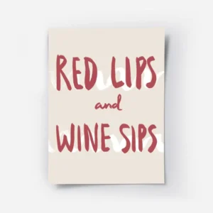 affiche avec texte rouge red lips and wine sips sur fond beige et vagues blanche.webp