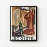 affiche avec trois figures feminines nues dans des tons ocres bruns et verts sur avec cadre.webp