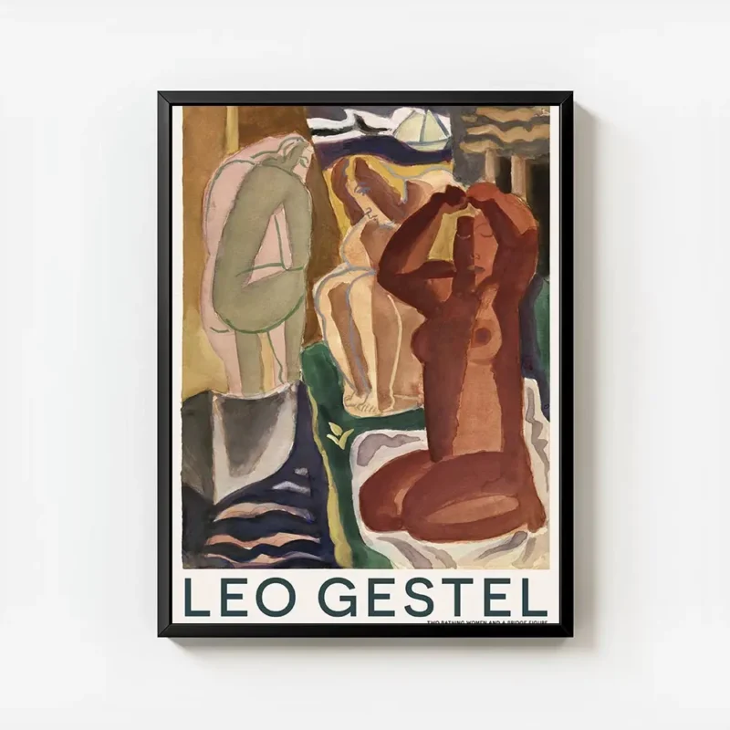affiche avec trois figures feminines nues dans des tons ocres bruns et verts sur avec cadre.webp