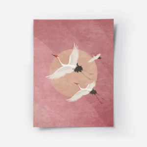 affiche avec trois grues blanches volantes sur un fond rose avec un cercle peche.webp