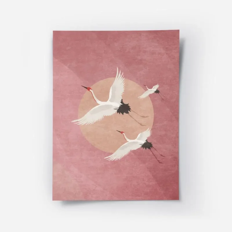 affiche avec trois grues blanches volantes sur un fond rose avec un cercle peche.webp