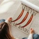 affiche avec trois piments rouges coupes en deux et leurs graines sur fond beige en rouleau.webp