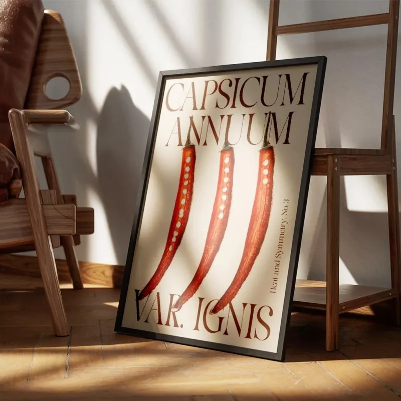 affiche avec trois piments rouges coupes en deux et leurs graines sur fond beige encadre.webp