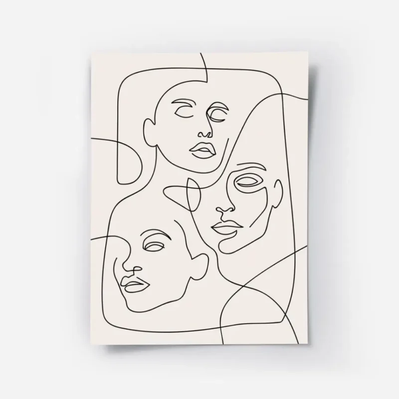 affiche avec trois visages feminins esquisses en lignes noires continues sur un .webp