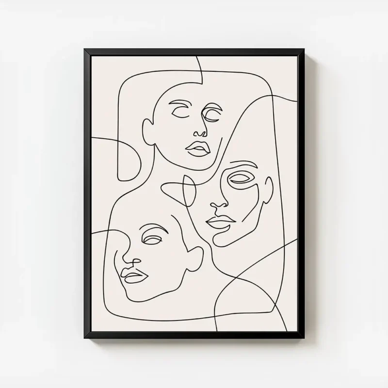 affiche avec trois visages feminins esquisses en lignes noires continues sur un avec cadre.webp