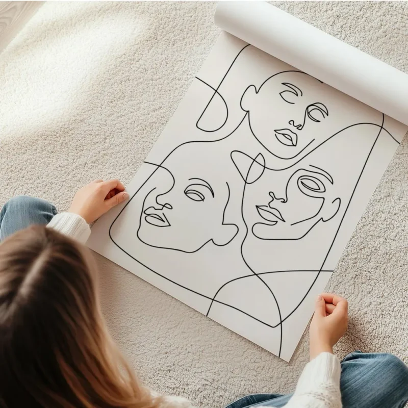 affiche avec trois visages feminins esquisses en lignes noires continues sur un en rouleau.webp