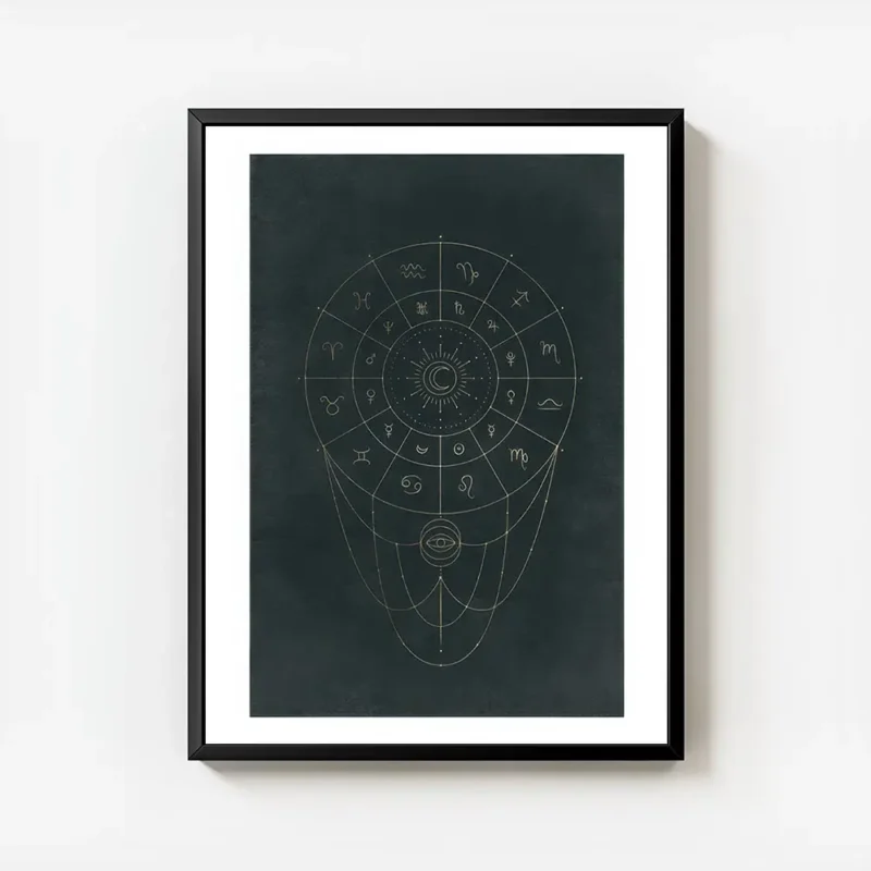 affiche avec typographie doree de symboles du zodiaque et signes astronomiques d avec cadre.webp
