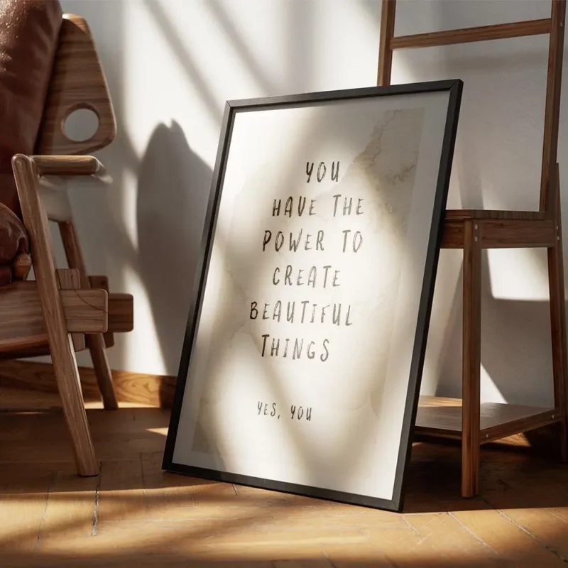 affiche avec typographie noire sur fond beige aquarelle texte you have the power encadre.webp