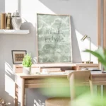 affiche avec typographie verte inhale exhale sur fond vert aquatique texture ave bureau.webp