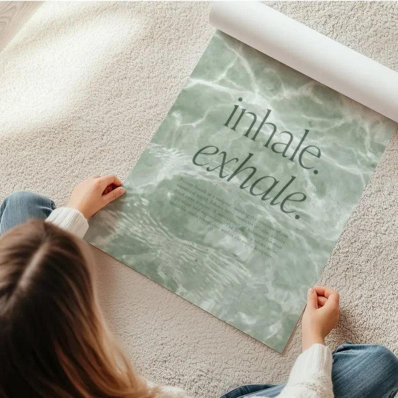 affiche avec typographie verte inhale exhale sur fond vert aquatique texture ave en rouleau.webp
