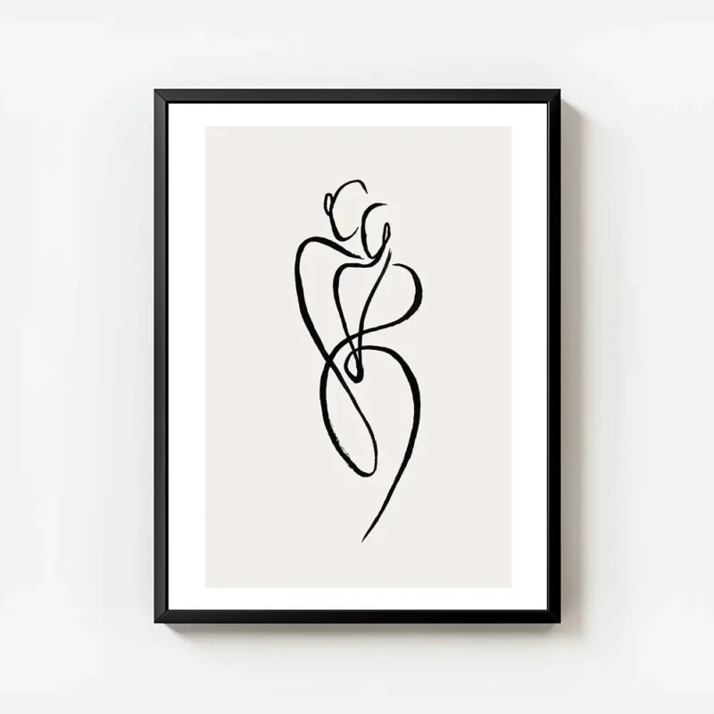 affiche avec un art lineaire noir de deux figures humaines abstraites entrelacee avec cadre.webp
