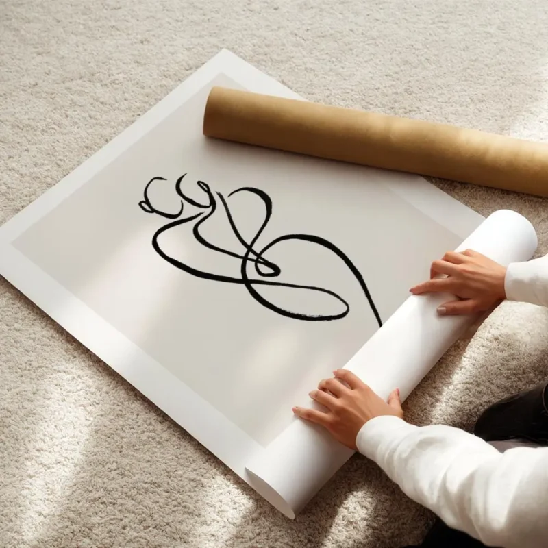affiche avec un art lineaire noir de deux figures humaines abstraites entrelacee enroule.webp