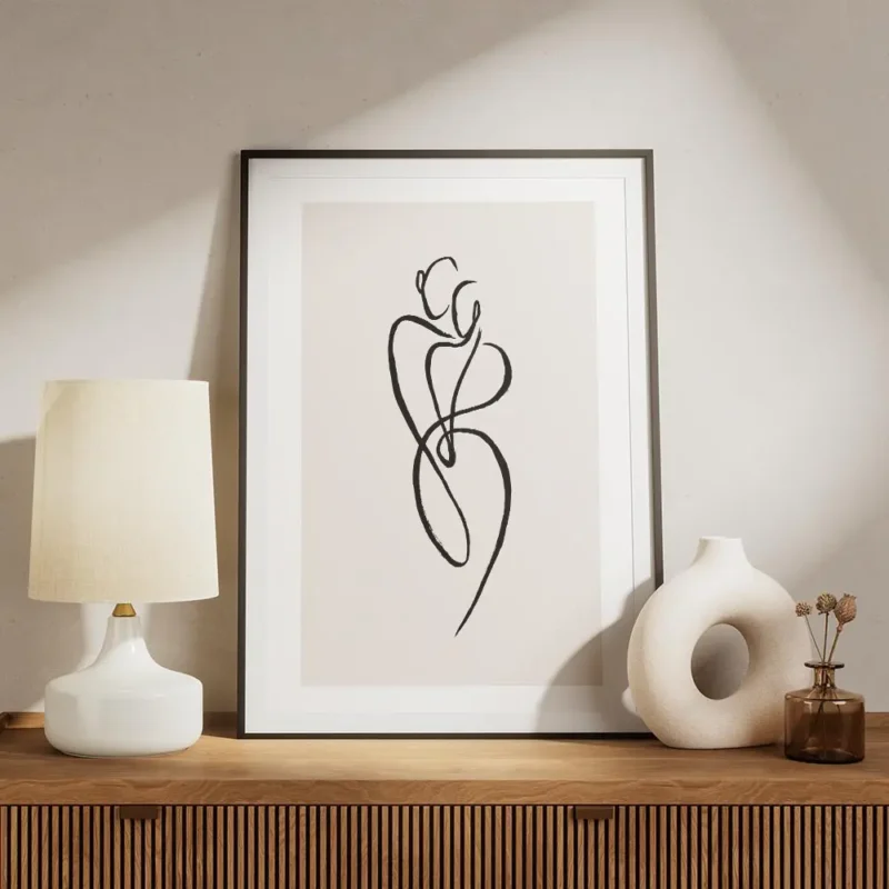 affiche avec un art lineaire noir de deux figures humaines abstraites entrelacee meuble.webp