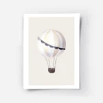 affiche avec un ballon a air chaud aux rayures blanches et beige aux details ble.webp