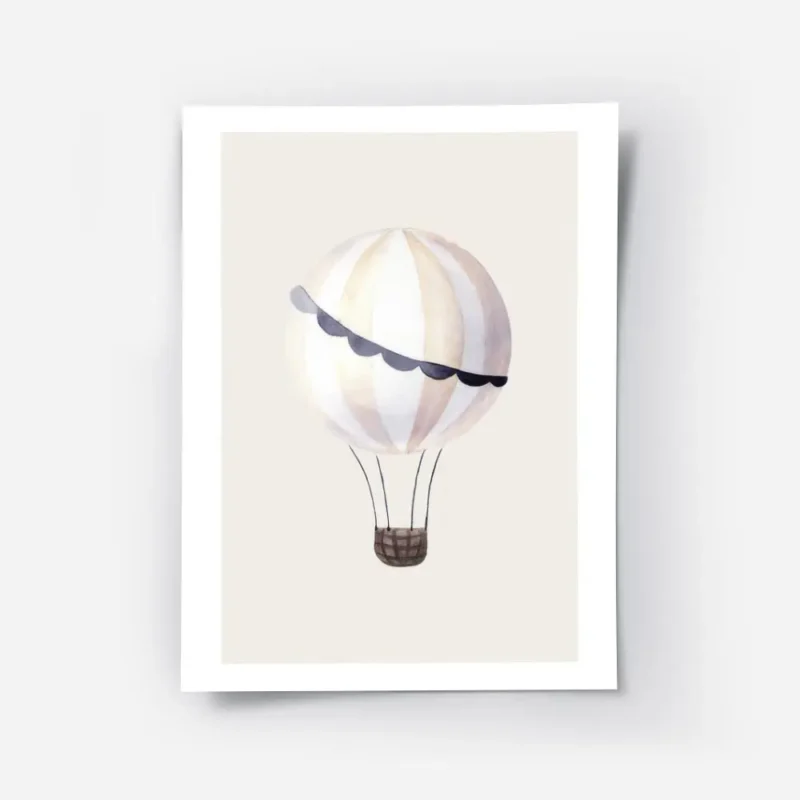 affiche avec un ballon a air chaud aux rayures blanches et beige aux details ble.webp