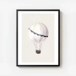 affiche avec un ballon a air chaud aux rayures blanches et beige aux details ble avec cadre.webp
