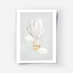 affiche avec un ballon a air chaud blanc un lapin et un elephant dans le panier .webp