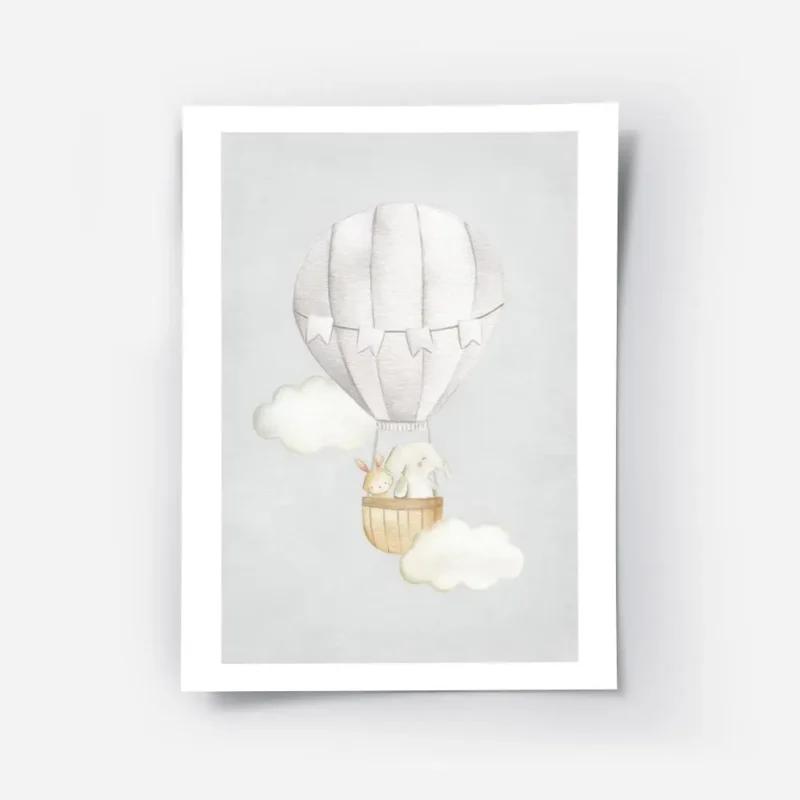 affiche avec un ballon a air chaud blanc un lapin et un elephant dans le panier .webp