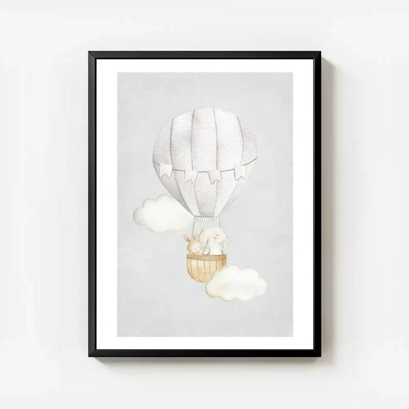 affiche avec un ballon a air chaud blanc un lapin et un elephant dans le panier avec cadre.webp