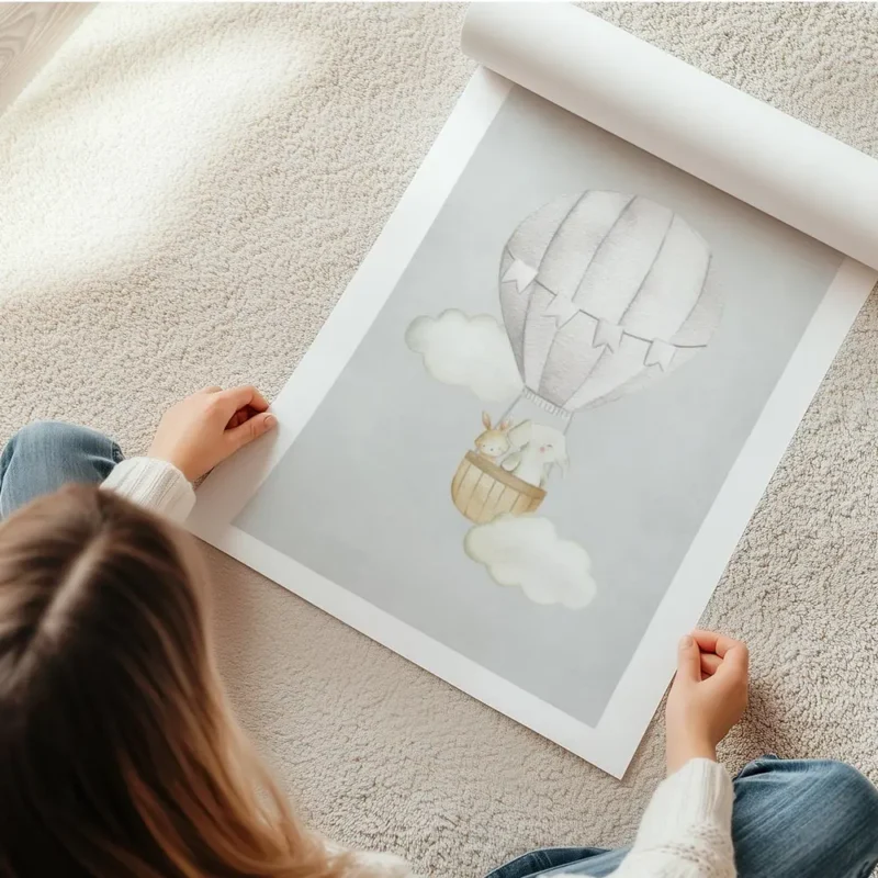affiche avec un ballon a air chaud blanc un lapin et un elephant dans le panier en rouleau.webp