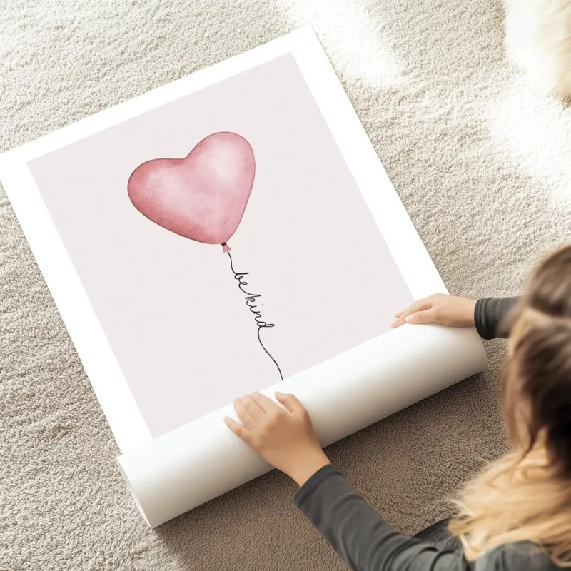 affiche avec un ballon rose en forme de c ur et le texte be kind en typographie au sol.webp
