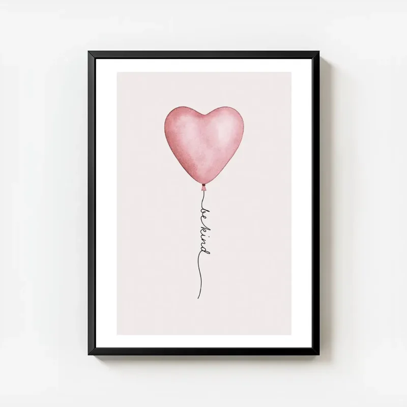 affiche avec un ballon rose en forme de c ur et le texte be kind en typographie avec cadre.webp