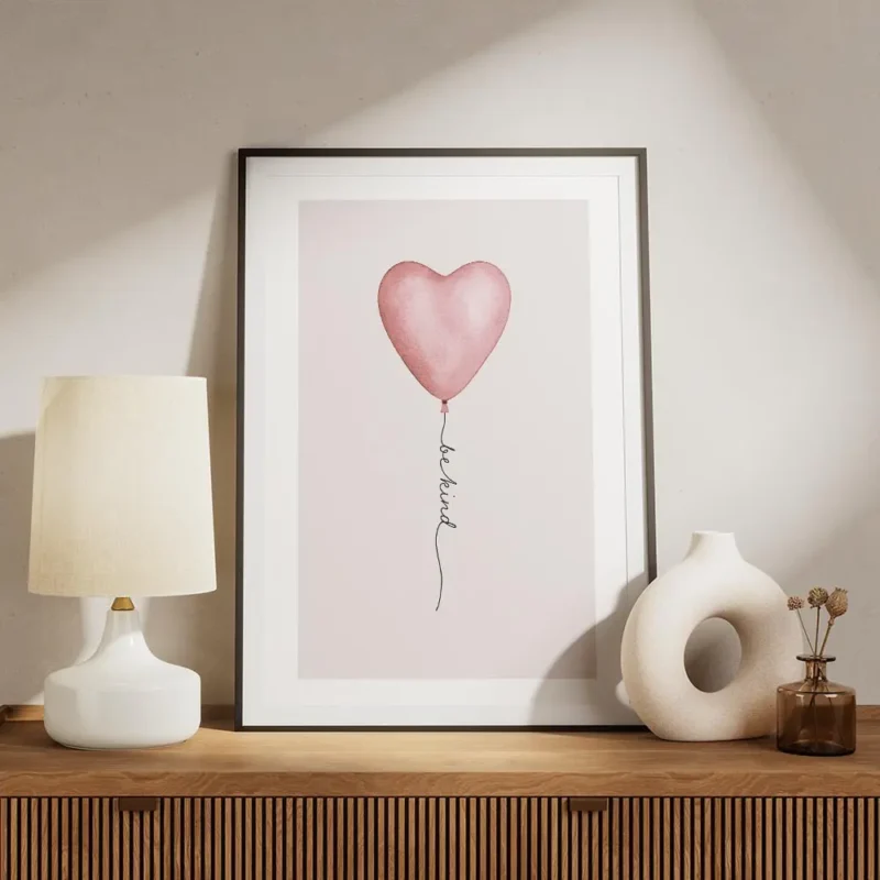 affiche avec un ballon rose en forme de c ur et le texte be kind en typographie meuble.webp
