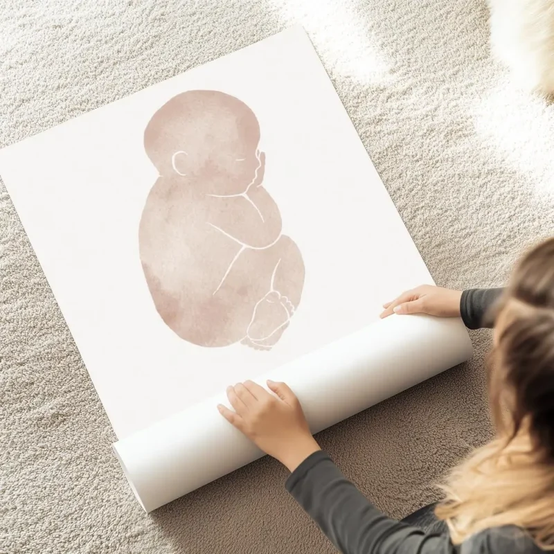 affiche avec un bebe en rose sur fond gris clair et du texte typographie personn au sol.webp