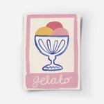 affiche avec un bol de glace bleu contenant trois boules colorees et le mot gela.webp
