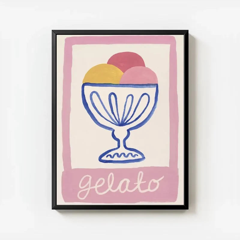 affiche avec un bol de glace bleu contenant trois boules colorees et le mot gela avec cadre.webp
