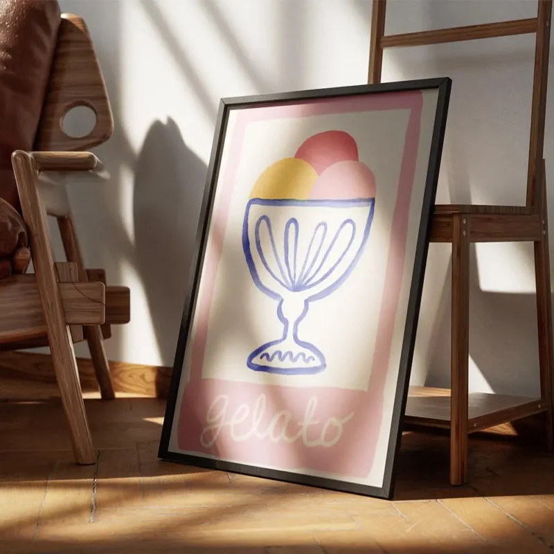 affiche avec un bol de glace bleu contenant trois boules colorees et le mot gela encadre.webp