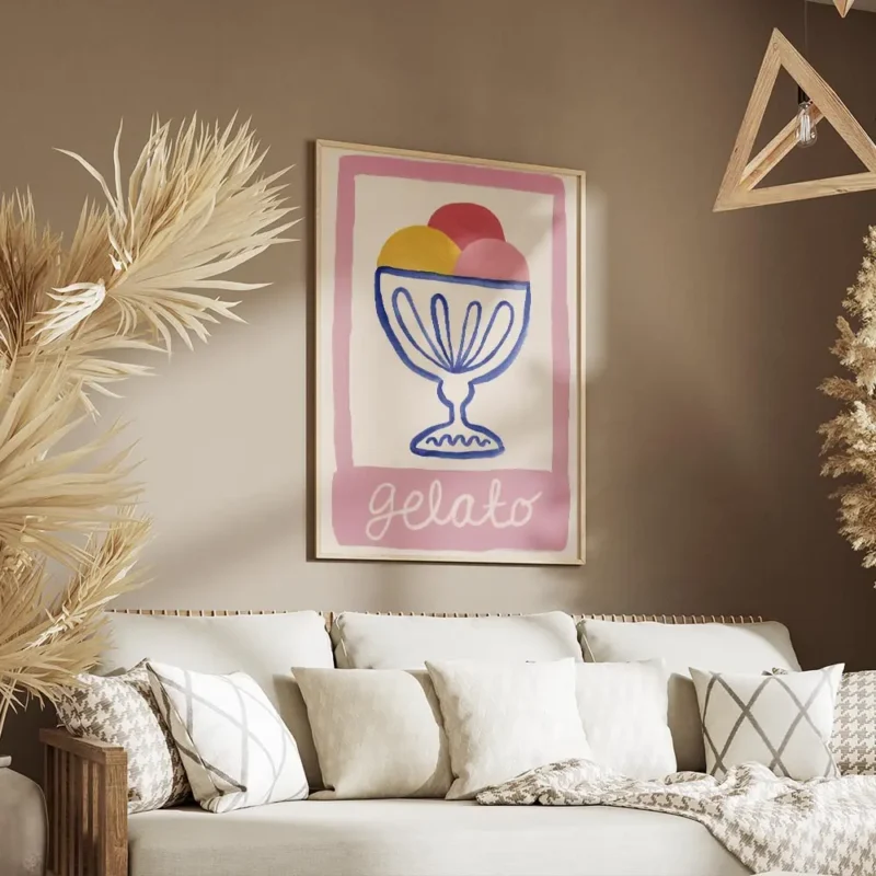 affiche avec un bol de glace bleu contenant trois boules colorees et le mot gela salon.webp