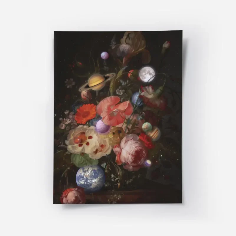 affiche avec un bouquet de fleurs aux couleurs vives et des planetes sur un fond.webp