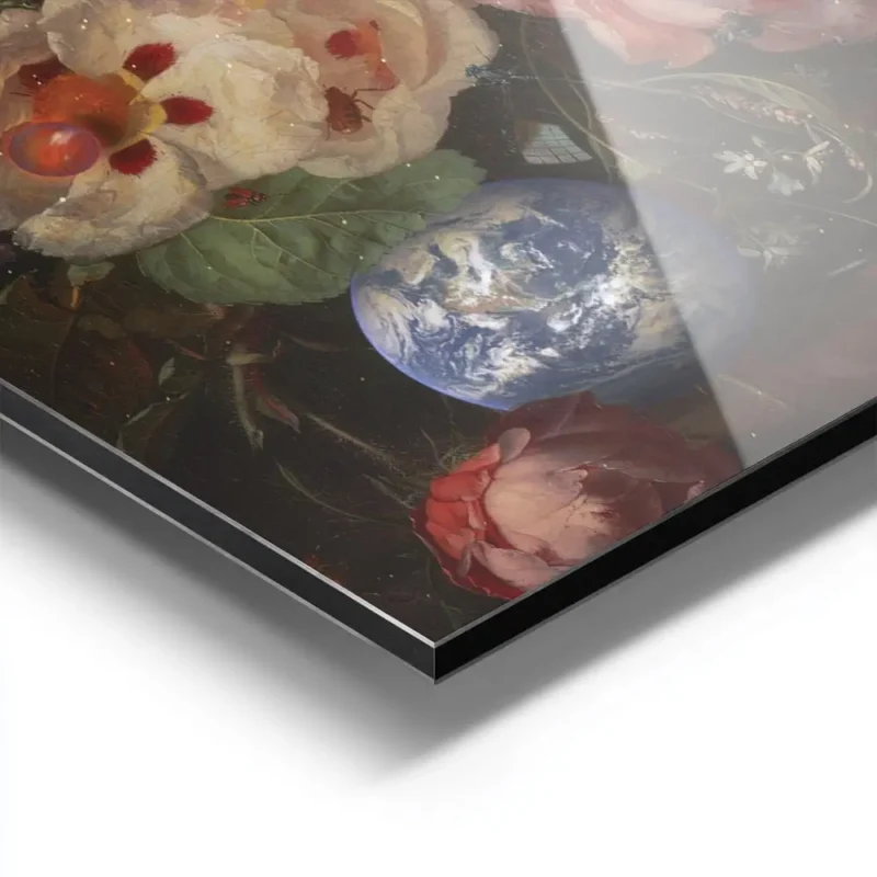affiche avec un bouquet de fleurs aux couleurs vives et des planetes sur un fond aluminium.webp