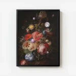 affiche avec un bouquet de fleurs aux couleurs vives et des planetes sur un fond avec cadre.webp