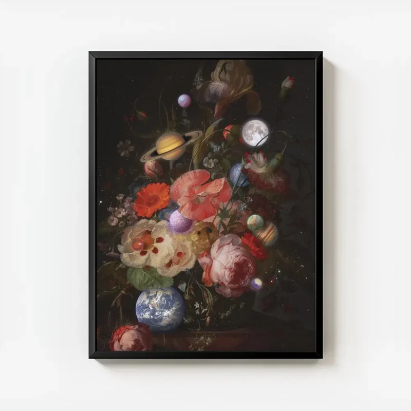 affiche avec un bouquet de fleurs aux couleurs vives et des planetes sur un fond avec cadre.webp