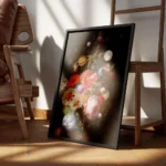 affiche avec un bouquet de fleurs aux couleurs vives et des planetes sur un fond encadre.webp