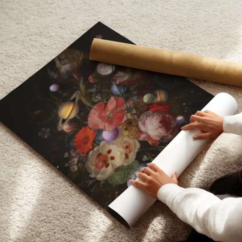 affiche avec un bouquet de fleurs aux couleurs vives et des planetes sur un fond enroule.webp