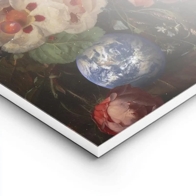 affiche avec un bouquet de fleurs aux couleurs vives et des planetes sur un fond lightpanel.webp