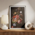 affiche avec un bouquet de fleurs aux couleurs vives et des planetes sur un fond meuble.webp