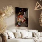 affiche avec un bouquet de fleurs aux couleurs vives et des planetes sur un fond salon.webp
