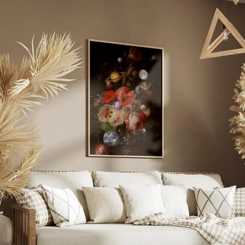 affiche avec un bouquet de fleurs aux couleurs vives et des planetes sur un fond salon.webp