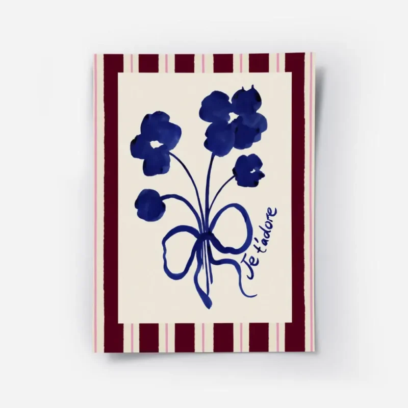 affiche avec un bouquet de fleurs bleues stylisees et un ruban je tadore sur fon.webp