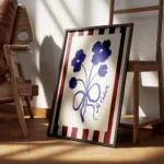 affiche avec un bouquet de fleurs bleues stylisees et un ruban je tadore sur fon encadre.webp