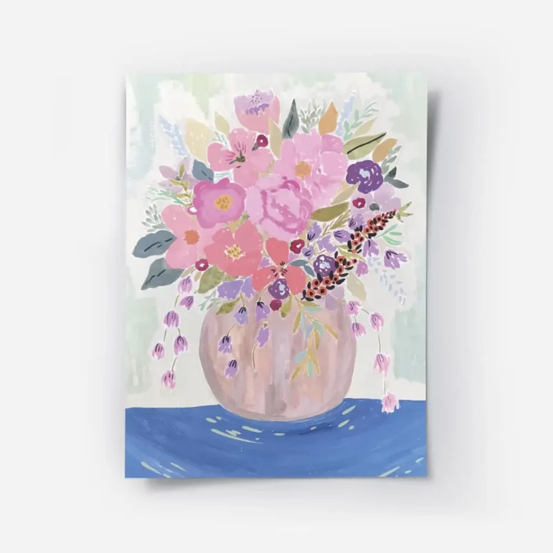 affiche avec un bouquet de fleurs colorees roses et violettes dans un vase sur u.webp