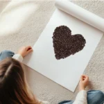 affiche avec un c ur forme de grains de cafe torrefies bruns sur fond blanc uni en rouleau.webp