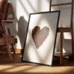 affiche avec un c ur forme de grains de cafe torrefies bruns sur fond blanc uni encadre.webp