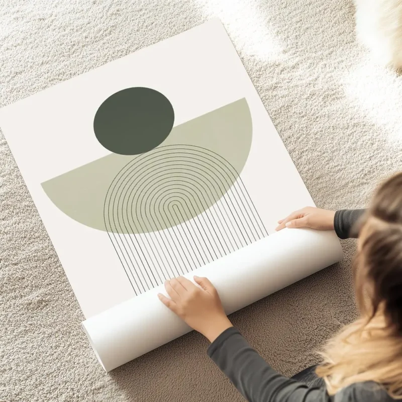affiche avec un cercle vert fonce et une arche verte claire sur un fond blanc de au sol.webp