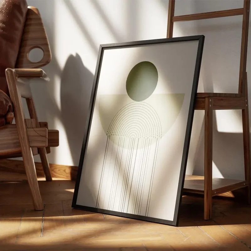affiche avec un cercle vert fonce et une arche verte claire sur un fond blanc de encadre.webp