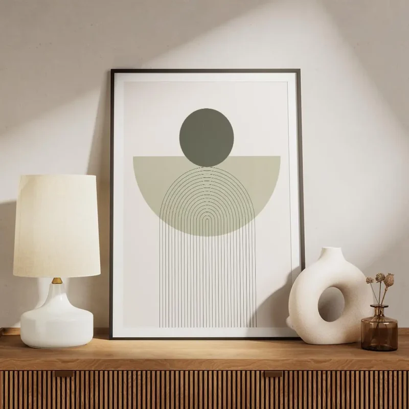 affiche avec un cercle vert fonce et une arche verte claire sur un fond blanc de meuble.webp